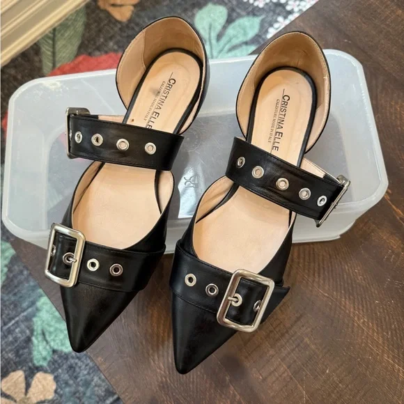 Vero Cuoio Black Leather Pointed Flats with Silver Buckles Made in Italy 9.5 - Picture 1 of 12